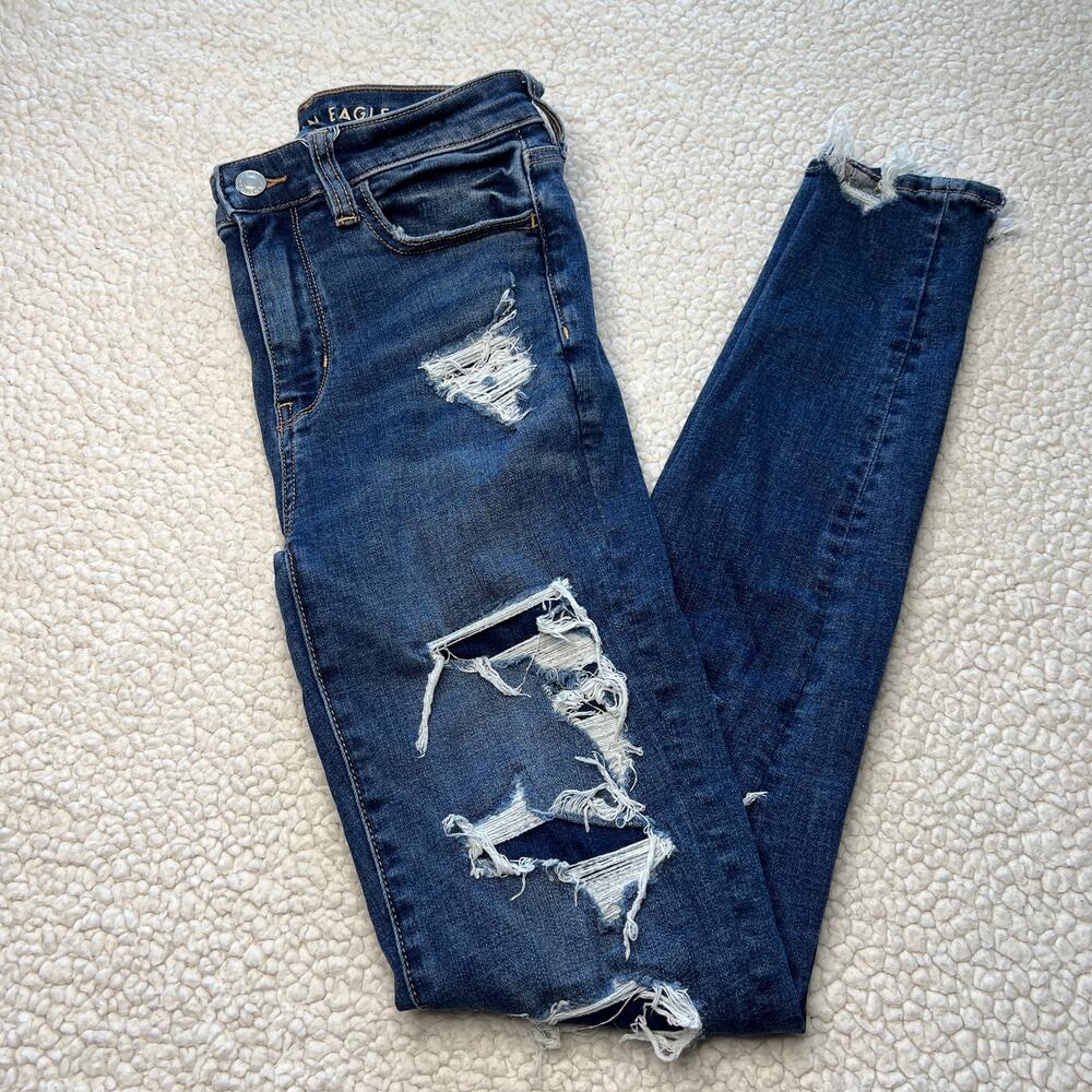 American Eagle Next Level Stretch Distressed Dark Blue Jeans Size 0